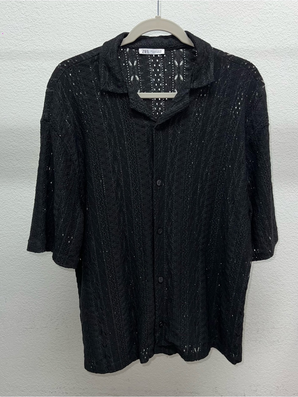 Zara Black Openwork Knit Summer Button-Down Shirt